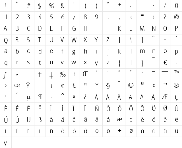 Glasgow-Xlight Regular  glyph index