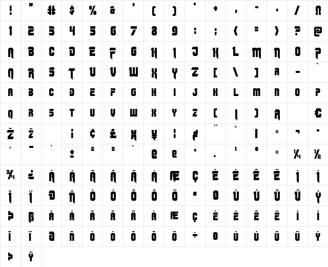OmegaForce Condensed Condensed  glyph index