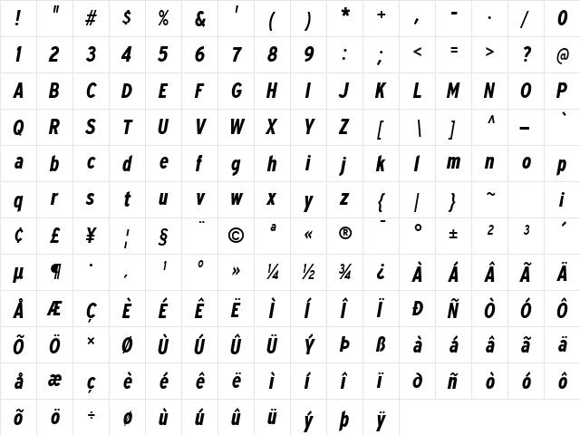 Expressway Condensed Bold Italic  glyph index