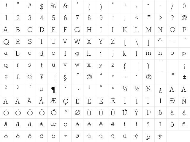 Stymie Becker Light Regular  glyph index