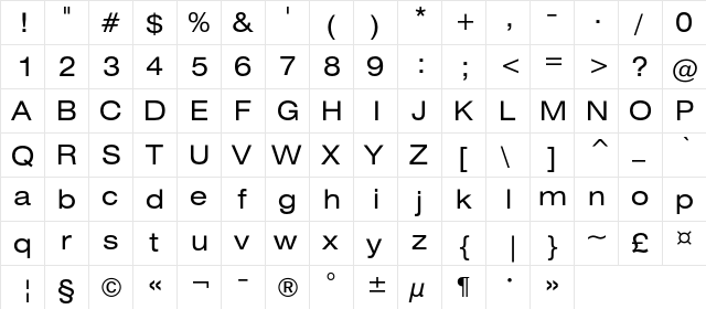 HeliosExtC Regular  glyph index