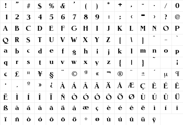 Nevada-Serial Bold  glyph index