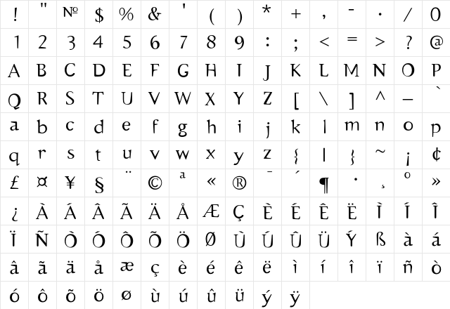 Emulate Serif  glyph index