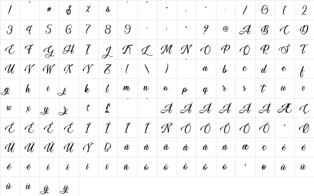 Vesta Night - Personal Use Regular  glyph index