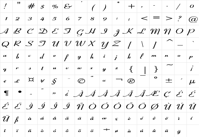 CoronationScriptExtended Bold  glyph index