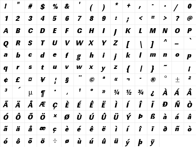 URWLinearTUltBolExtNar Oblique  glyph index