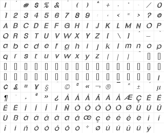 Downtown Italic  glyph index