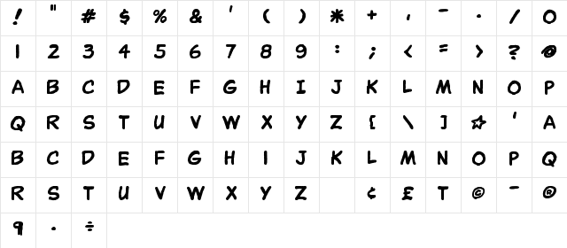 OdaBalloon Bold  glyph index