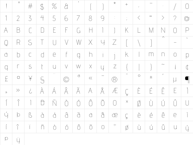 Advent Pro Thin  glyph index