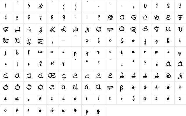 QuigleyWiggly Regular  glyph index