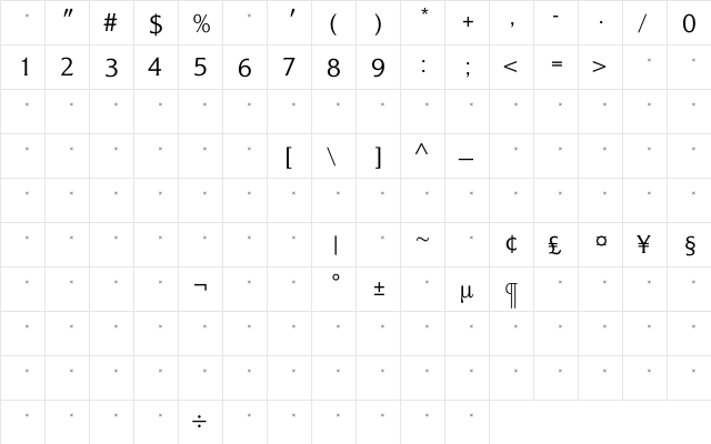 AlexonLightTab Regular  glyph index
