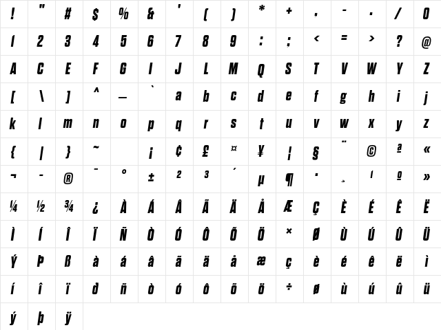 Dharma Gothic E ExBold Italic  glyph index