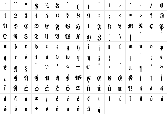 Fraktur Medium  glyph index