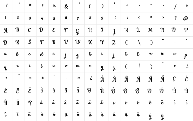 Skyoval Regular  glyph index