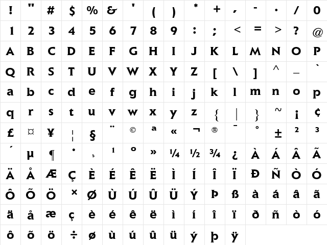 Elan AT Bold Regular  glyph index