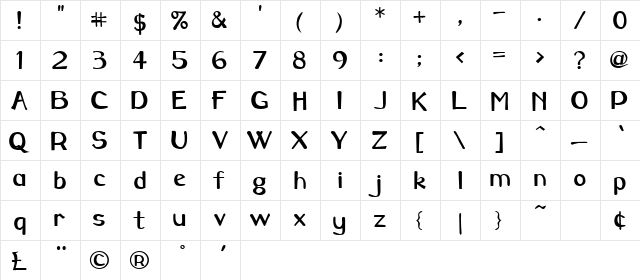 BorowayBOld Regular  glyph index