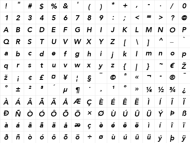 Avenir LT 55 Roman Bold Italic  glyph index