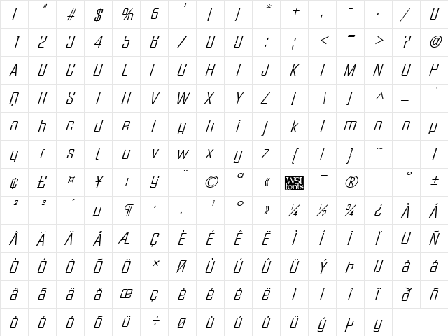 FacetLight-Xitalic Regular  glyph index