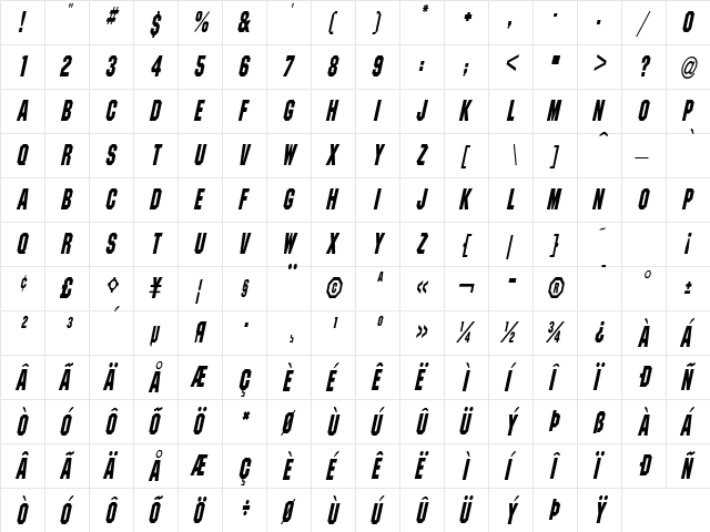 PittsburghCondensed Oblique  glyph index