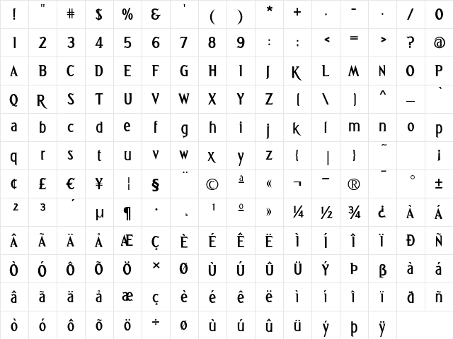 Greetings Bold Regular  glyph index