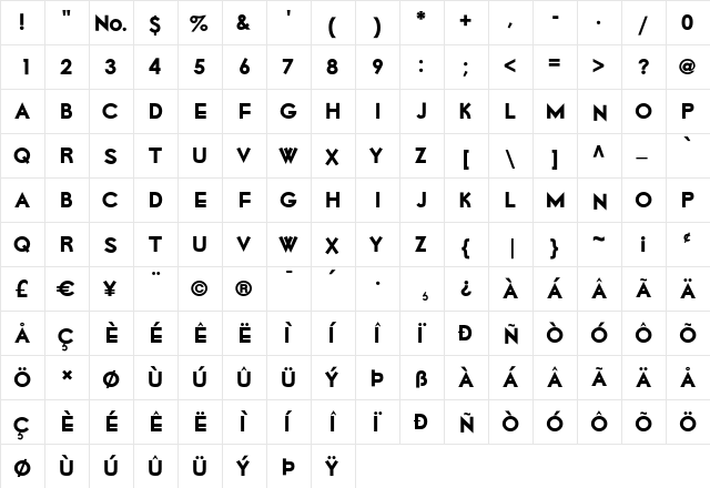 LionelClassic Regular  glyph index