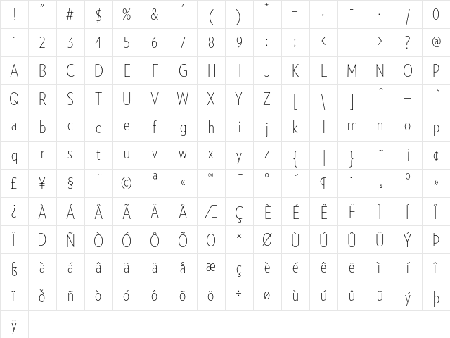 Verlag Condensed Extra Light  glyph index