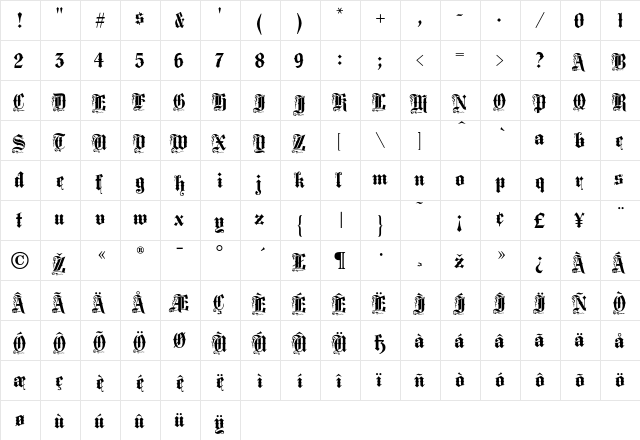 Middlesex Regular  glyph index
