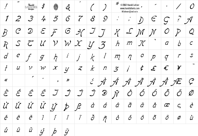 BoomerangItalic Regular  glyph index