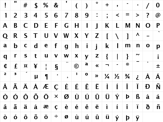 Lucida Sans Demibold Roman  glyph index