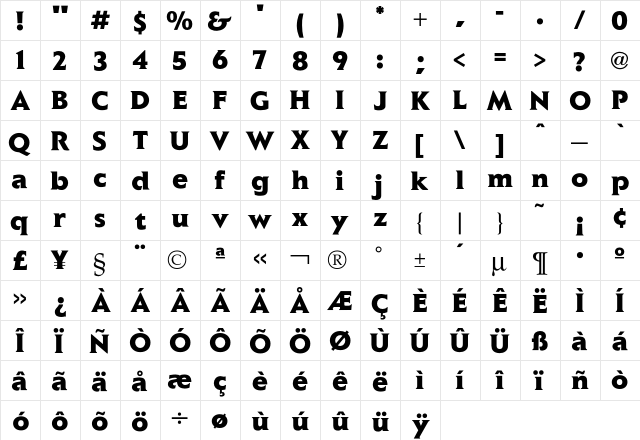 Elan Black  glyph index