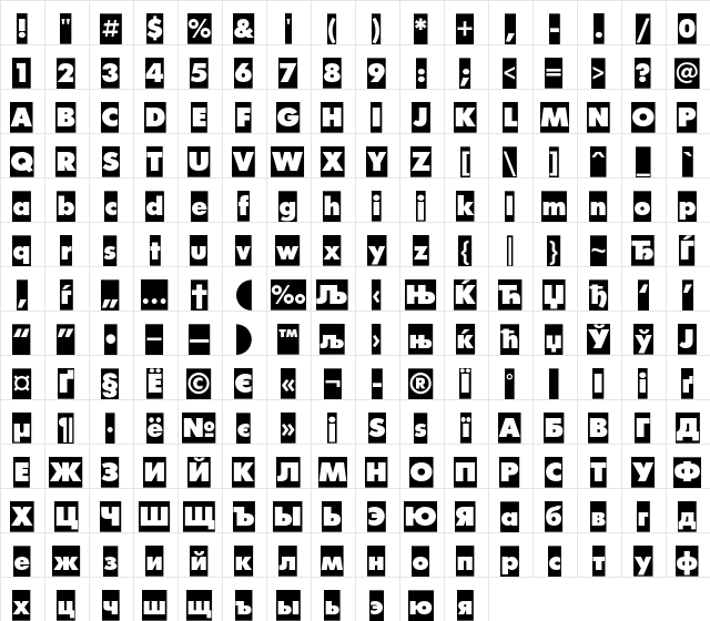 FuturaFuturisXCameoC Regular  glyph index