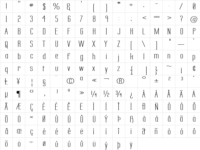 Labtop Secundo Wide Regular  glyph index
