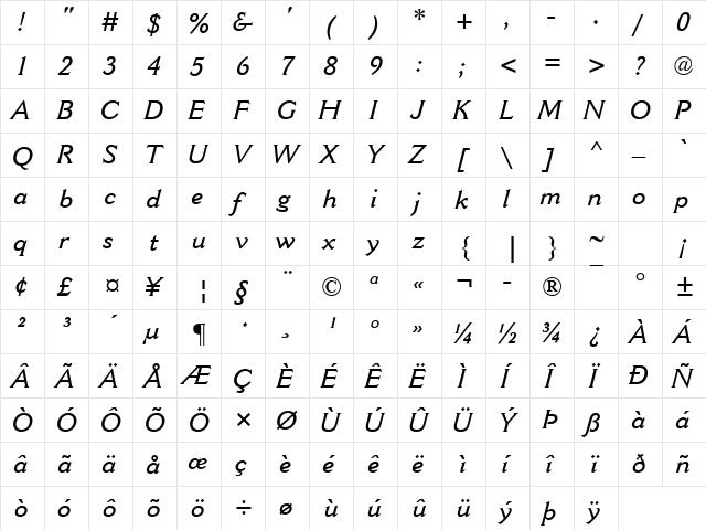 Cantoria MT SemiBold Italic  glyph index