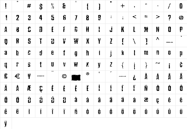 Damage Regular  glyph index