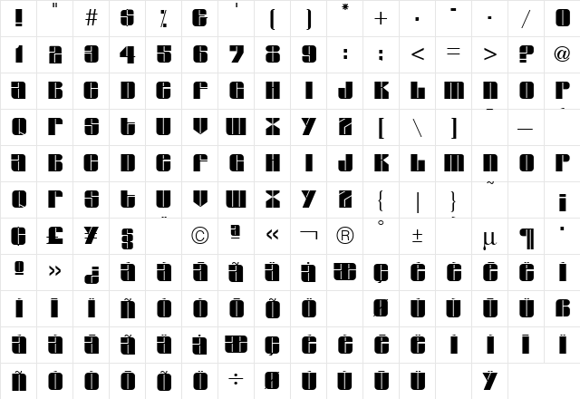 Glyphic Regular  glyph index
