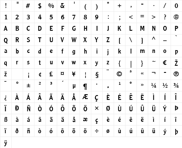 ClearfaceGothic LT Roman Regular  glyph index