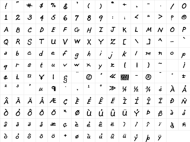 DeannasHand Bold  glyph index
