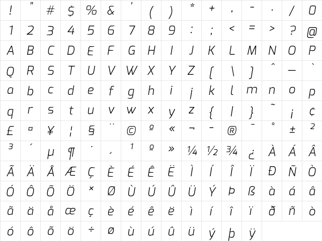 Exo Light Italic  glyph index