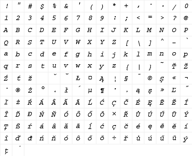 CourierMEE Bold Italic  glyph index