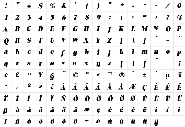 Toledo-Serial-Heavy RegularItalic  glyph index