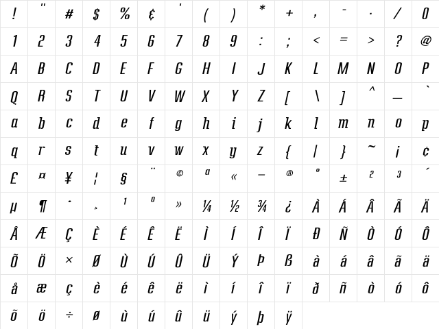 Frown Town Free Italic Regular  glyph index
