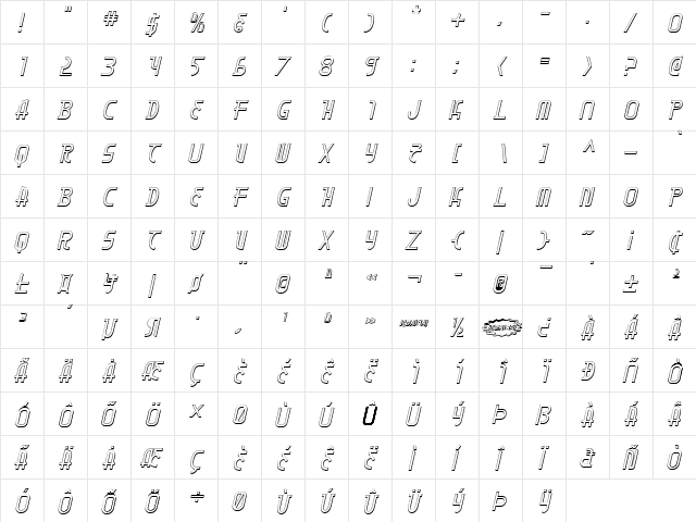 Moon Dart 3D Italic Italic  glyph index