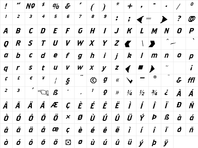 BrothersSuperSlantAlternates Regular  glyph index