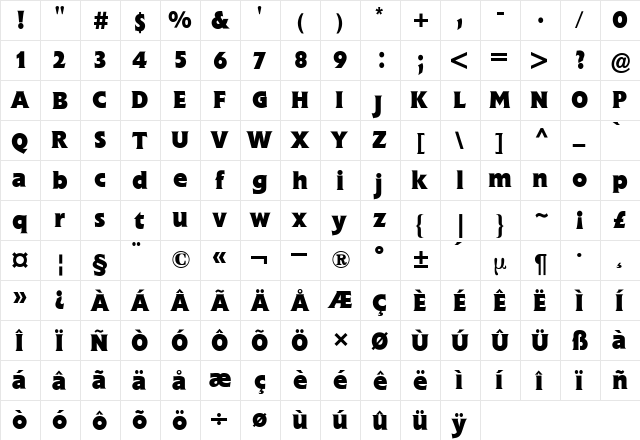 Flange BQ Bold  glyph index