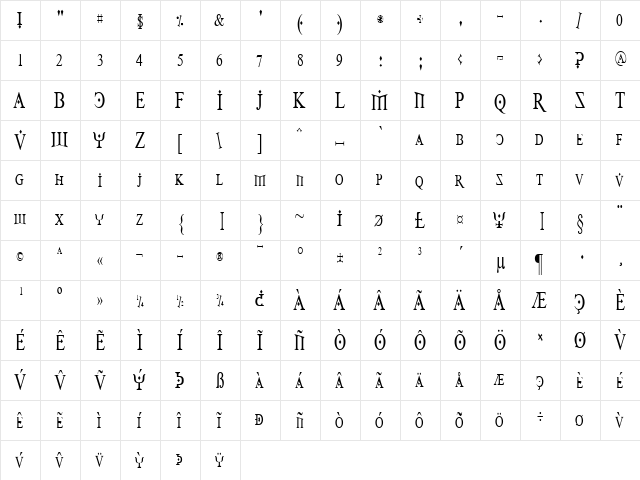 Fire Of Ysgard Condensed Regular  glyph index