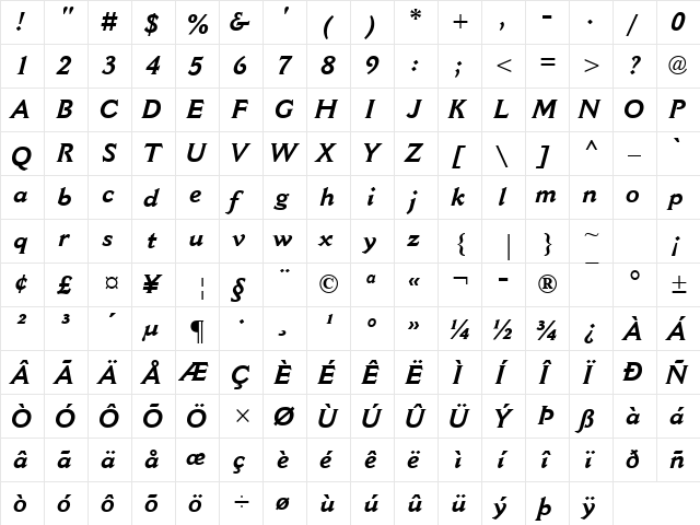 Cantoria MT Bold Italic  glyph index