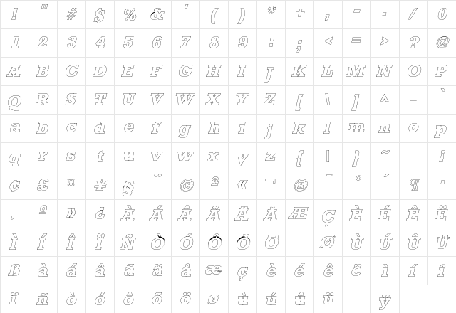 Stamford Outline SF Italic  glyph index