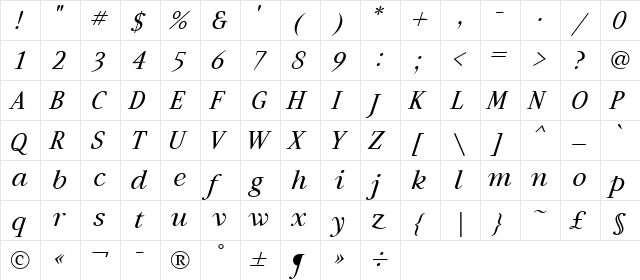 Artemius TT Regular Italic  glyph index