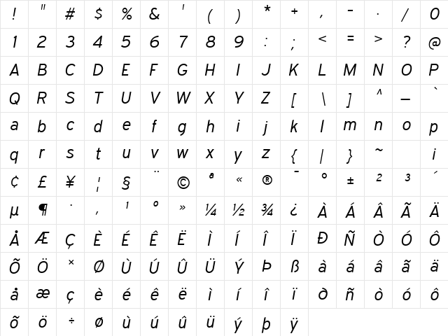 Expressway Book Italic  glyph index