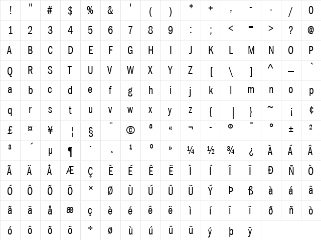 ITCFranklinGothic LT BookCp Regular  glyph index